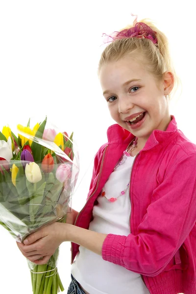 Menina com tulipas holandesas coloridas — Fotografia de Stock
