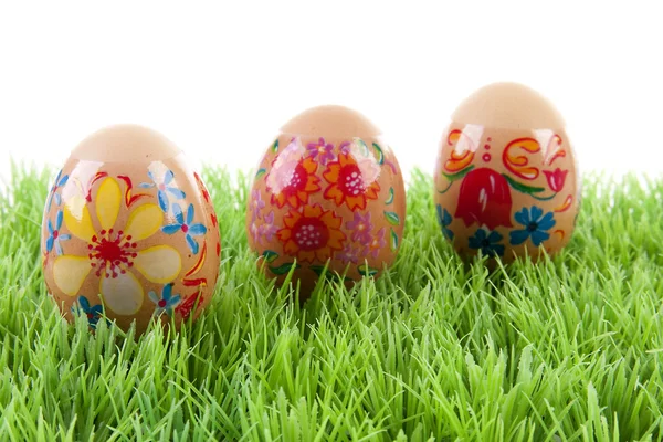 Decorated chicken eggs in grass — Stock Photo, Image