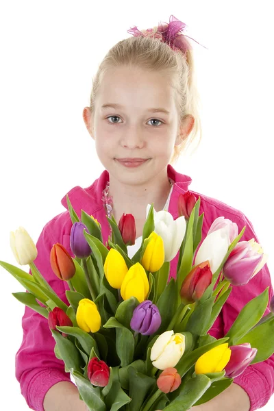 Chica con coloridos tulipanes holandeses — Foto de Stock