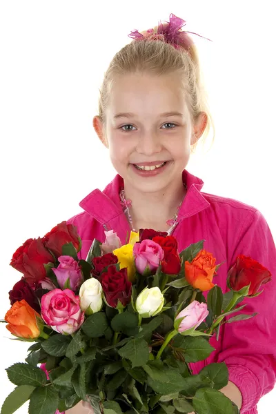 Lány színes Rózsa csokor — Stock Fotó
