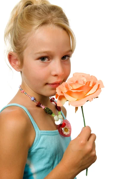 Девушка с оранжевой розой — стоковое фото