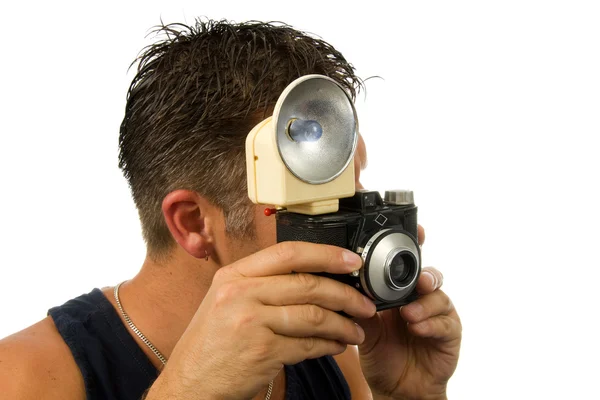 Άνθρωπος με παλιά φωτογραφία ντεμοντέ κάμερα — Φωτογραφία Αρχείου