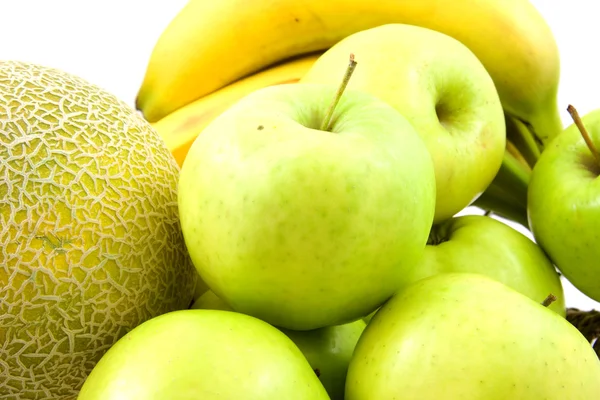 Gyümölcsök, dinnye, alma és banán — Stock Fotó