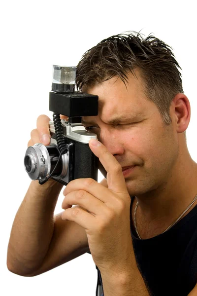 Homem com câmera à moda antiga — Fotografia de Stock