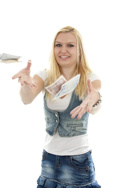 Young woman throws money — Stock Photo, Image