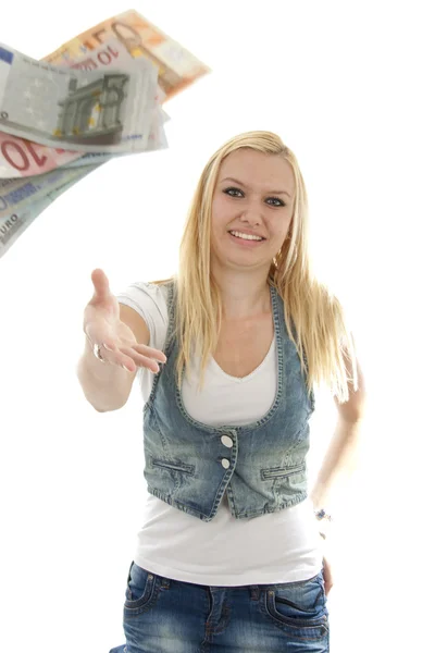 Young woman throws money — Stock Photo, Image