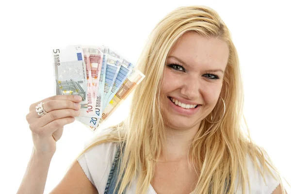 Jonge vrouw met euro geld — Stockfoto