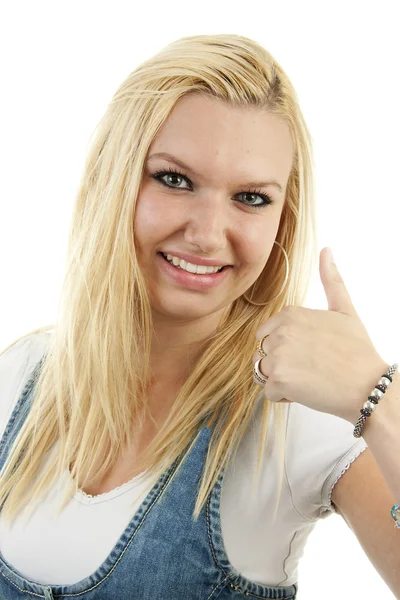 Młoda blond kobieta z kciuki — Zdjęcie stockowe