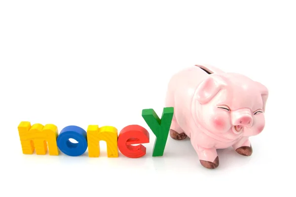 Banco Piggy withe a palavra Dinheiro — Fotografia de Stock