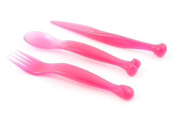 Talheres de plástico de cor rosa — Fotografia de Stock