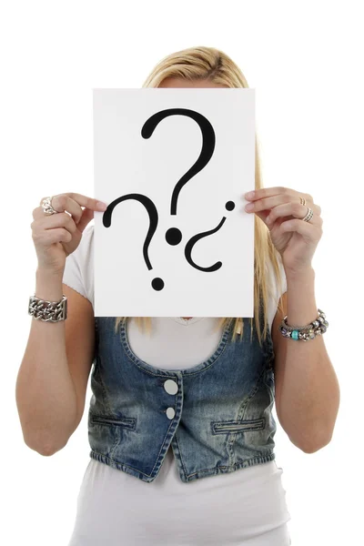 Woman is holding question mark — Stock Photo, Image