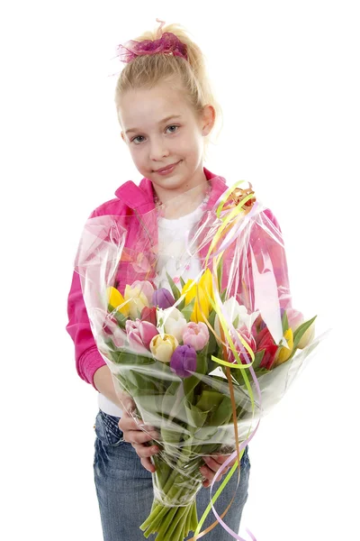 女孩与花束荷兰郁金香 — 图库照片