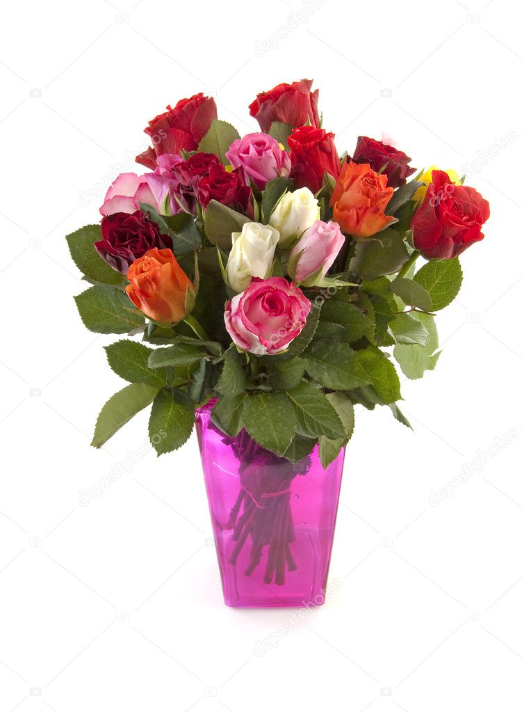 Bouquet of colorful roses in vase