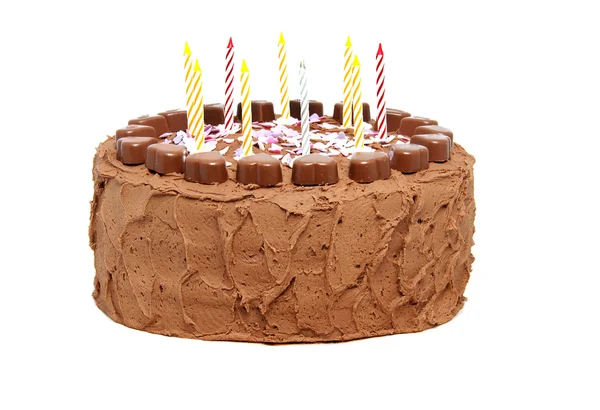 Chocolade verjaardagstaart met kaarsen — Stockfoto