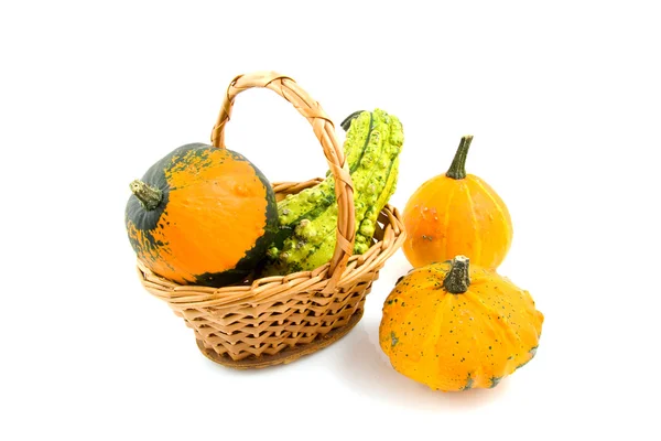 Cane basked with gourds — Stock Photo, Image