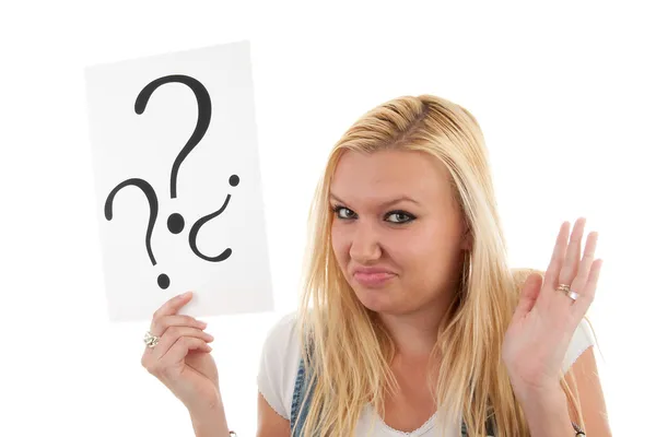 Woman with question marks — Stock Photo, Image