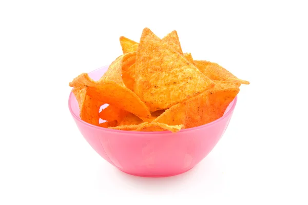 Cuenco rosa con chips de tortilla —  Fotos de Stock