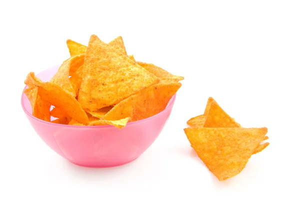 Pink bowl with Tortilla chips — Stock Photo, Image