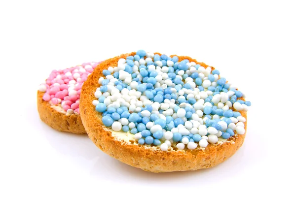 Rusk with blue and pink mice — Stock Photo, Image