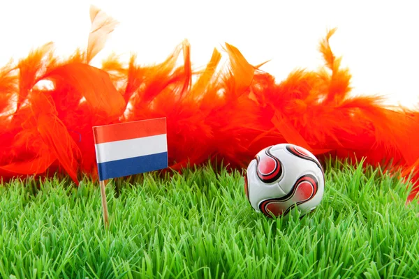 Bola e bandeira no campo de futebol — Fotografia de Stock