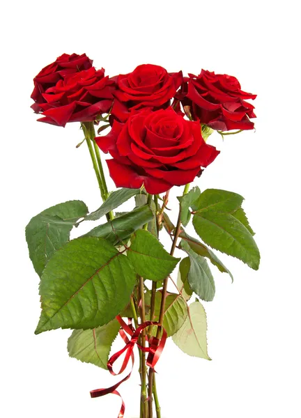 Μπουκέτο με κόκκινα τριαντάφυλλα με κορδέλα — Φωτογραφία Αρχείου