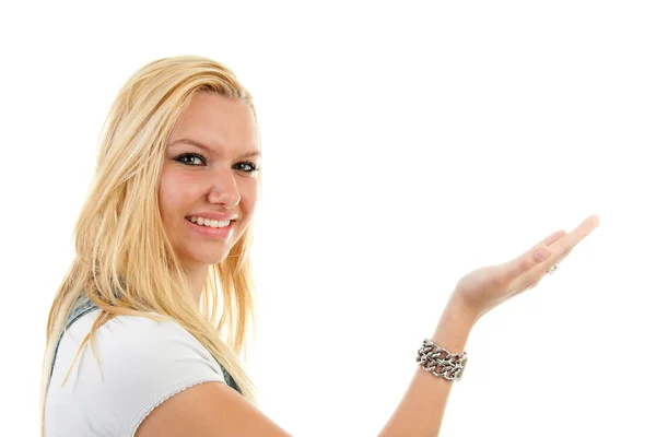 Młoda blond kobieta trzyma rękę — Zdjęcie stockowe