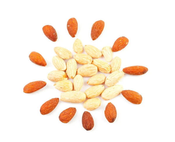 Peeled and unpeeled almond nuts — Stock Photo, Image