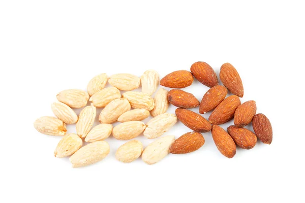 Peeled and unpeeled almond nuts — Stock Photo, Image