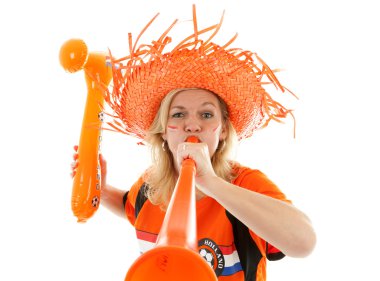 Dutch soccer supporter with orange vuvuzela clipart