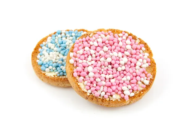 Rusk with blue and pink mice — Stock Photo, Image