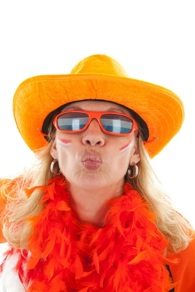 Female Dutch soccer supporter gives a kiss — Stock Photo, Image