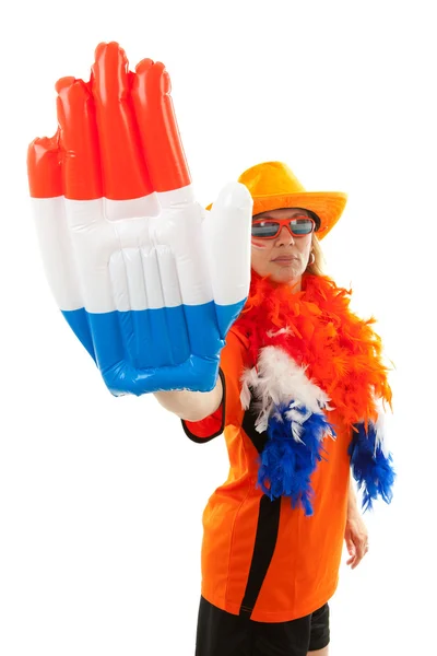 Dutch soccer supporter with plastic hand — Stock Photo, Image