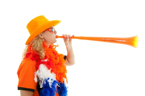 Supressor de futebol holandês com vuvuzela de plástico — Fotografia de Stock