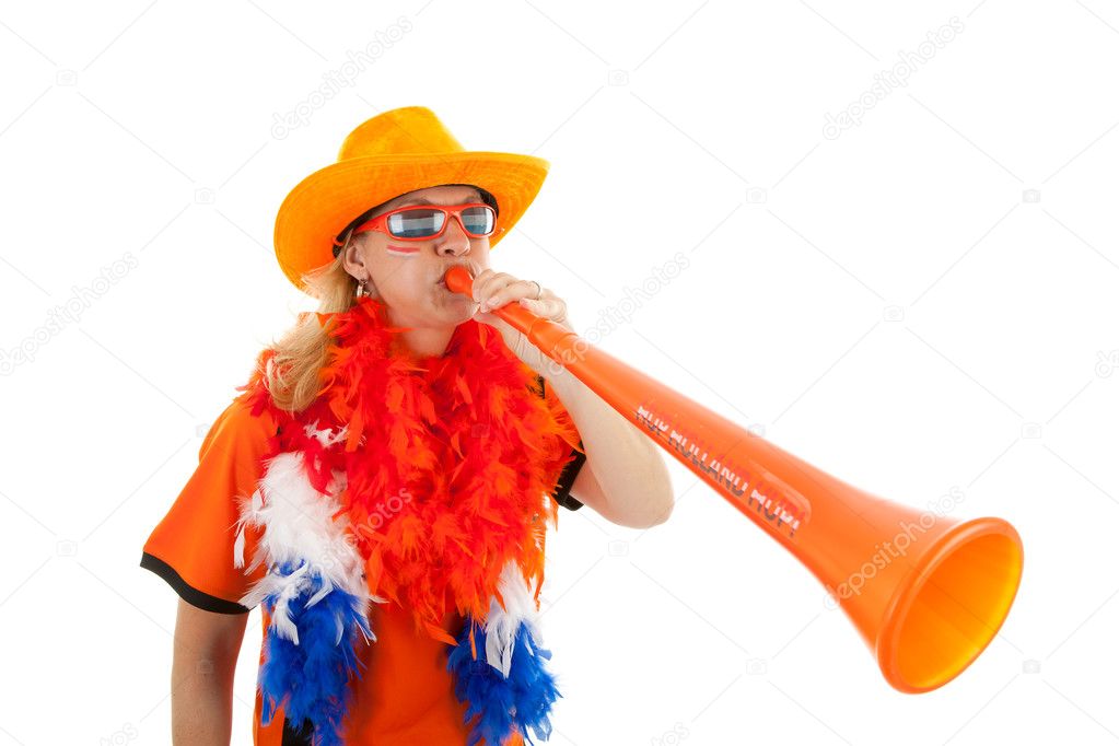 Dutch soccer supprter with plastic vuvuzela