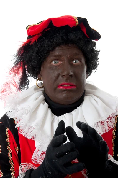Scared Zwarte piet ( black pete) typical Dutch character — Stock Photo, Image