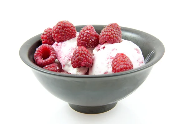 Bowl with desert, ice cream and raspberries — Stock Photo, Image