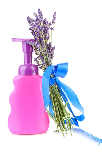 Butelki mydła i lawenda — Zdjęcie stockowe