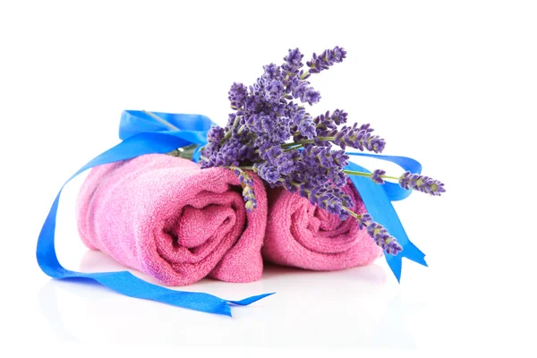 Spa accessories with towels and lavender — Stock Photo, Image