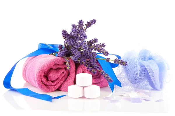 Spa accessories with towels and lavender — Stock Photo, Image