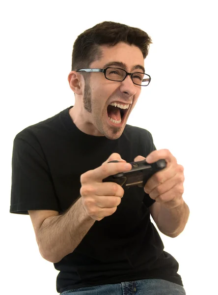 Homem excitado jogando videogames — Fotografia de Stock