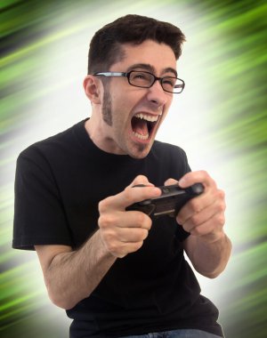 Excited man playing video games clipart