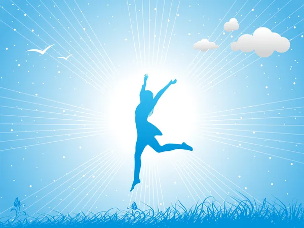 Girl jumping against the blue sky — Stock Vector