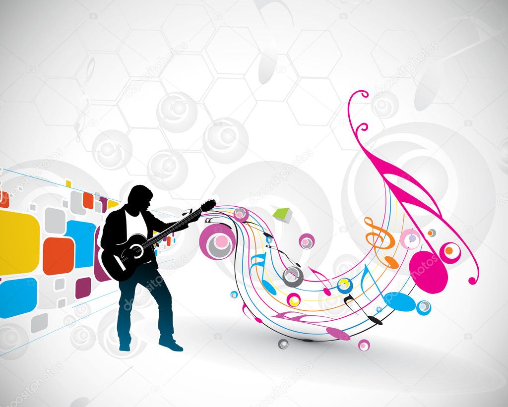 Silhouette music men play a guitar with color wave line background, Vector Illustration