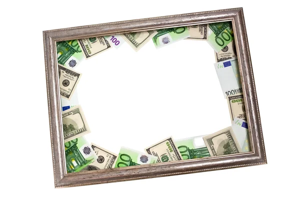 Δολάρια και ευρώ σε ένα ξύλινο πλαίσιο — Φωτογραφία Αρχείου
