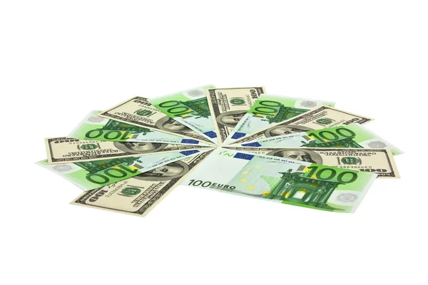 Fan dollars and euros isolation on white — Stock Photo, Image