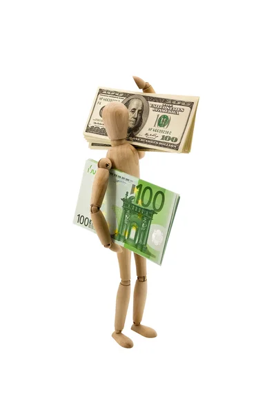 L'homme en bois déplace l'euro et les dollars — Photo