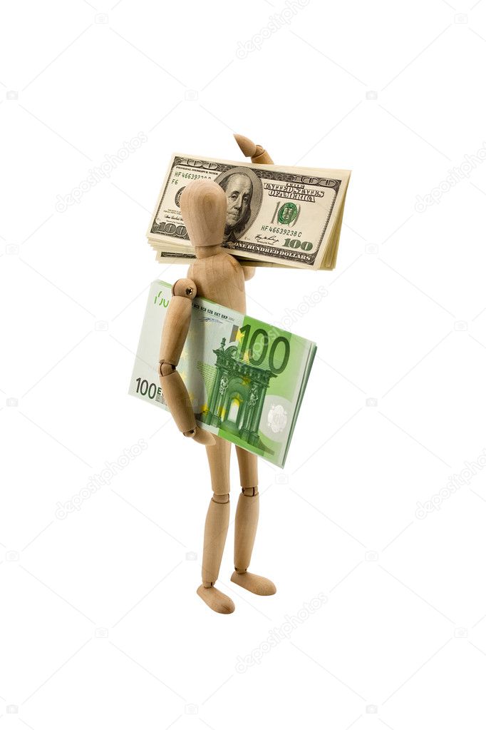 Wooden man moves the euro and dollars
