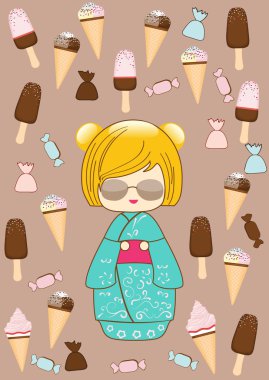 Japanese kokeshi summer doll clipart