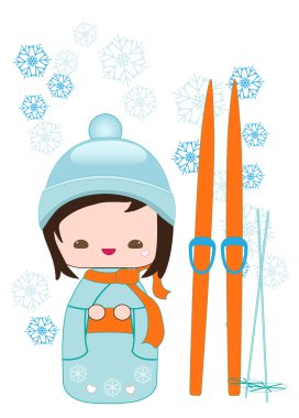 Japanese kokeshi winter doll card clipart