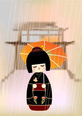 Japanese kokeshi doll rainy day clipart